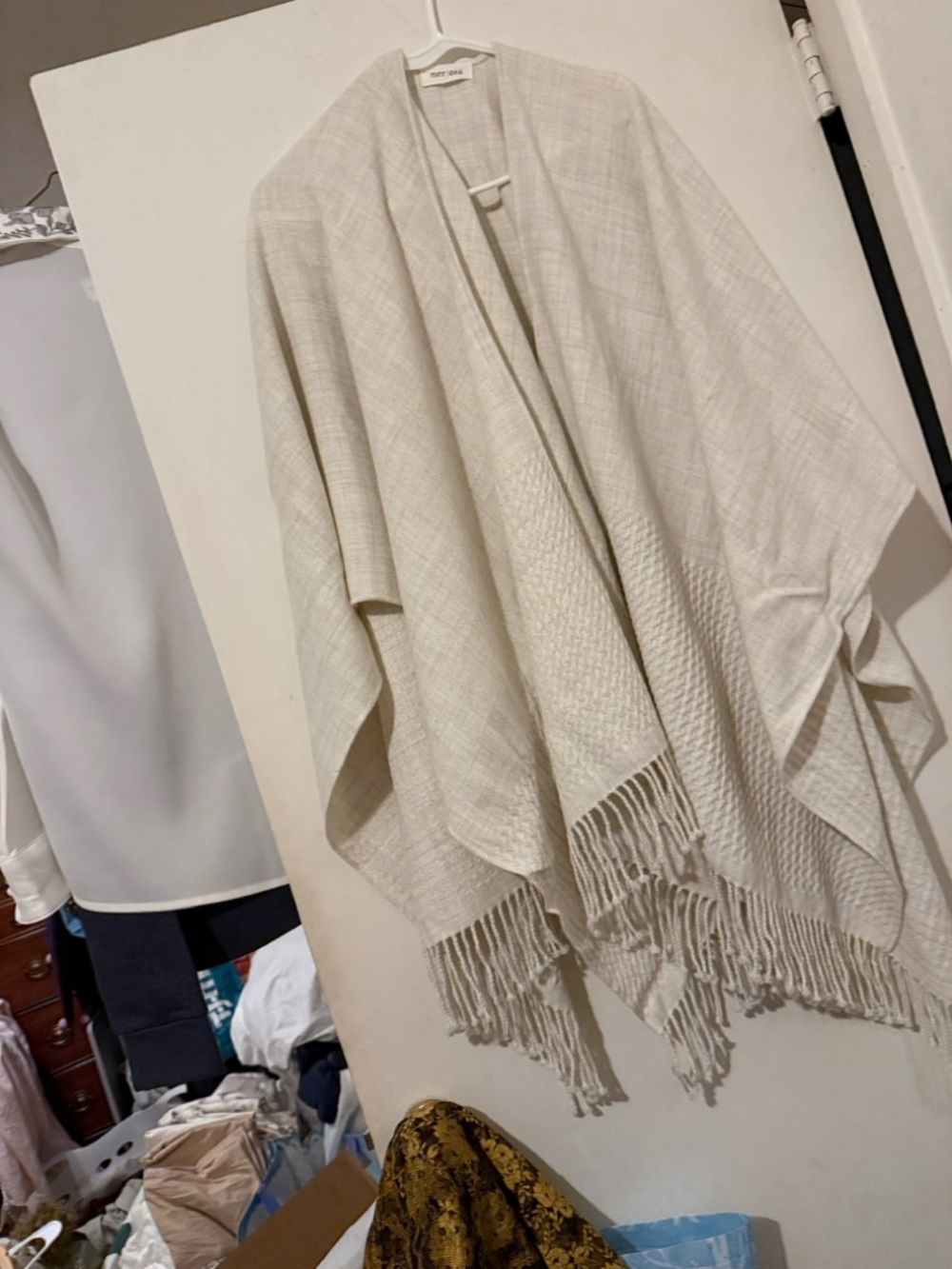 Cream Fringe Knit Cape Wrap - Women Jackets & Coats - Picture 5 of 5